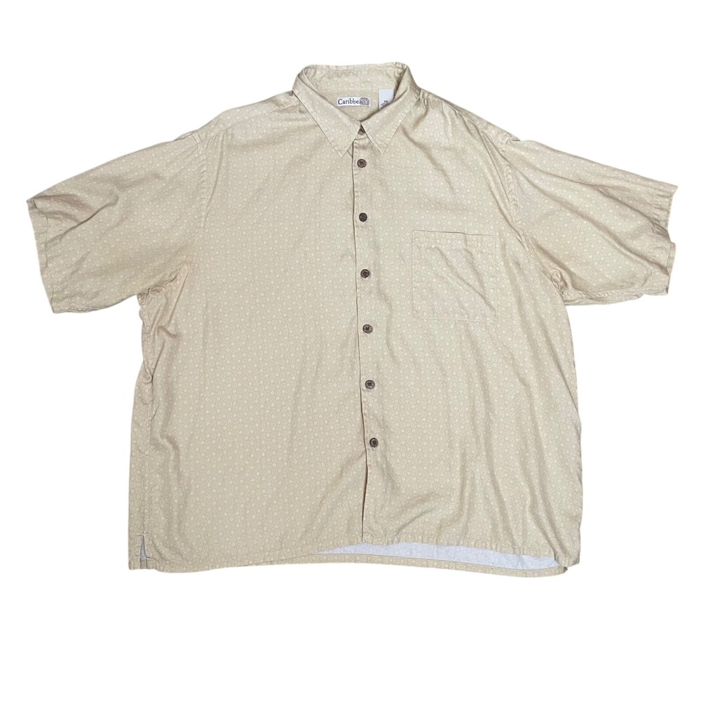 Caribbean Joe XXL Silk Cotton Button‎ Down Shirt Beige Pattern Mens